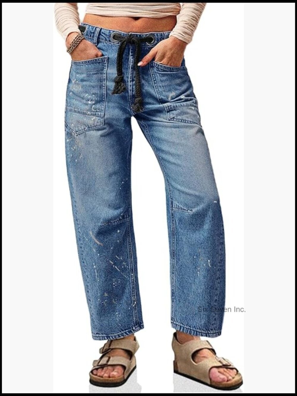 Baggy Barrel Horseshoe Jeans Wide Leg Drawstring Vintage Denim Pants Front
